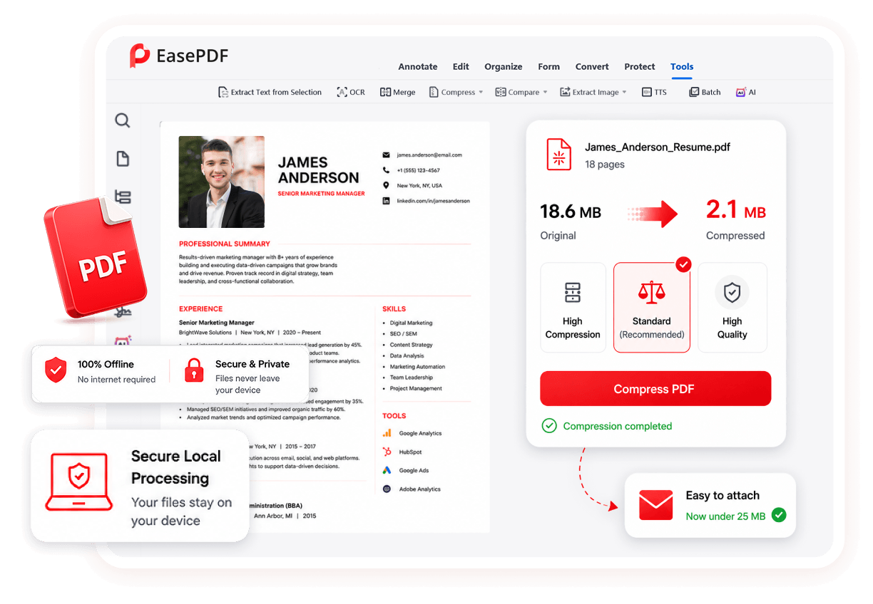 EasePDF Pro compressing a resume locally