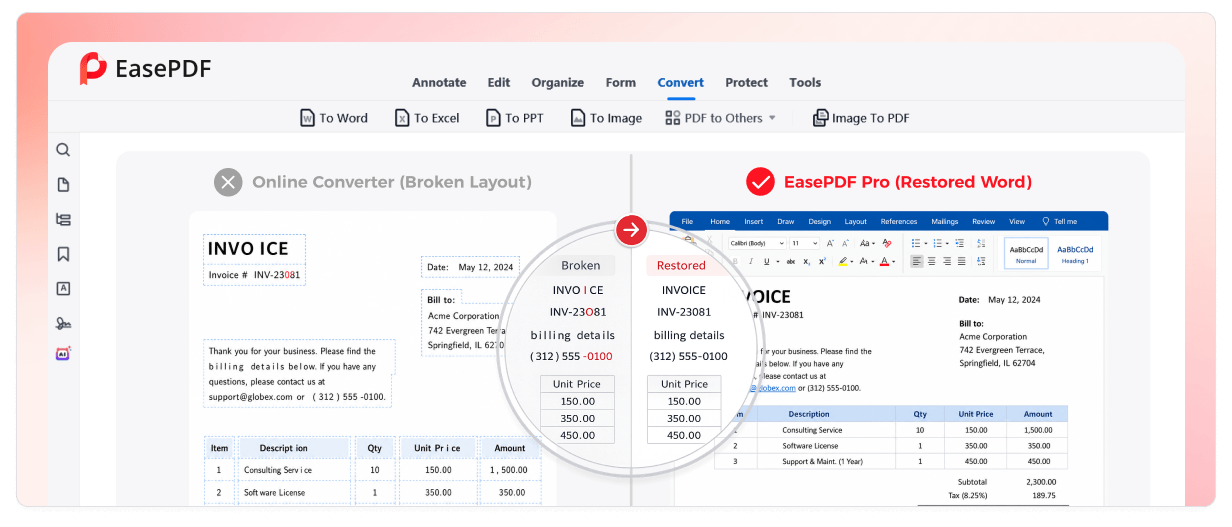 Online converter broken layout compared with EasePDF Pro restored Word output