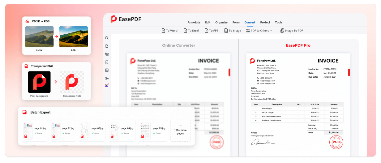 EasePDF Pro image conversion quality, transparency, color, and batch export comparison