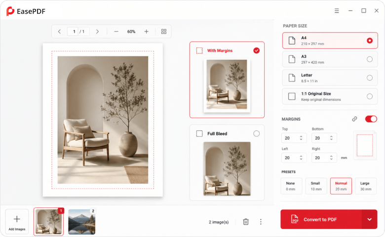 Flexible PDF page size and margin controls