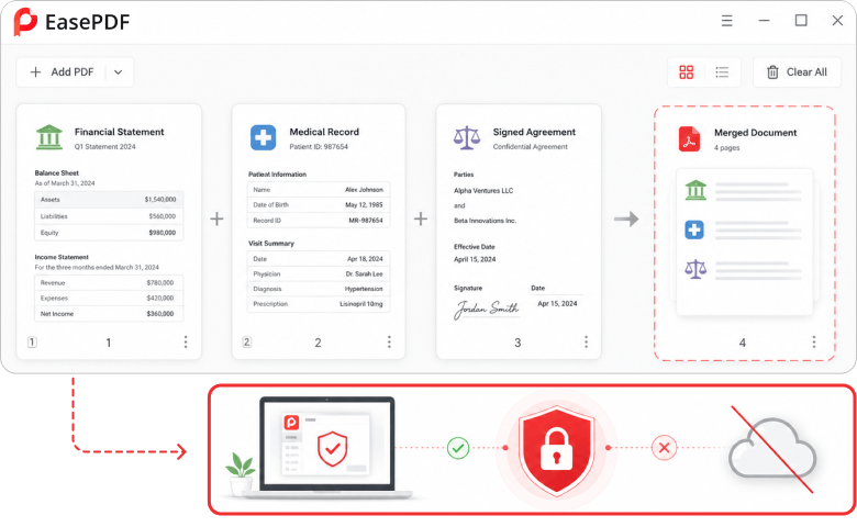 Offline PDF merging and privacy protection