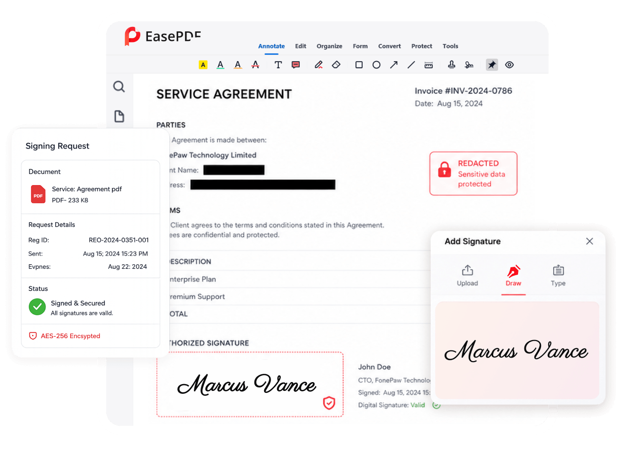EasePDF Pro PDF electronic signature and redaction interface